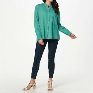 LOGO BY LORI GOLDSTEIN WOMEN'S WOVEN GAUZY COTTON BLOUSE WITH RUFFLE COLLAR